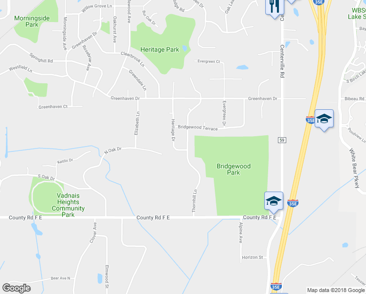 map of restaurants, bars, coffee shops, grocery stores, and more near 4219 Thornhill Lane in Vadnais Heights