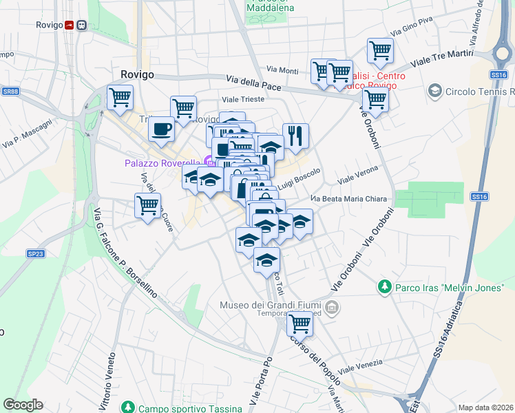 map of restaurants, bars, coffee shops, grocery stores, and more near 2 Via Giovanni Miani in Rovigo