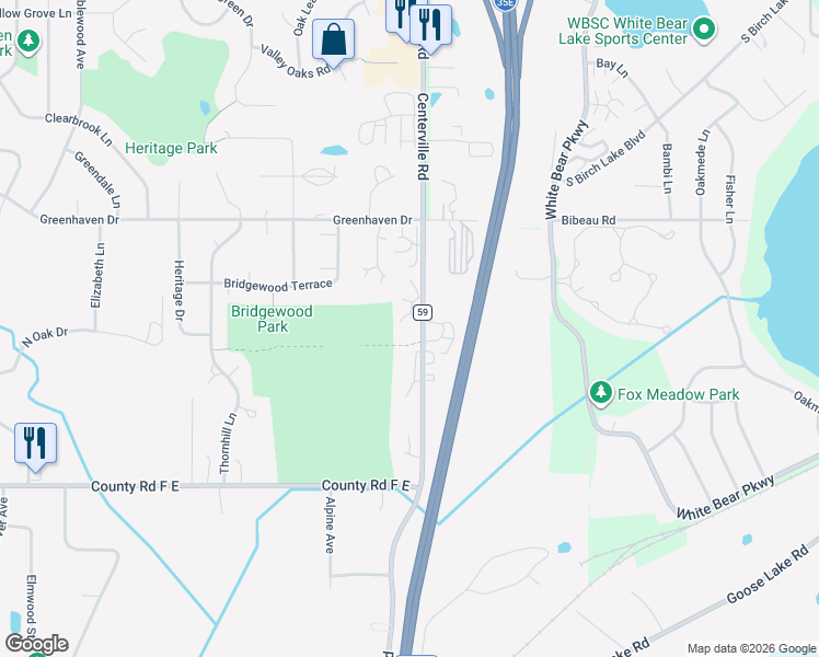 map of restaurants, bars, coffee shops, grocery stores, and more near 4197 Centerville Road in Vadnais Heights