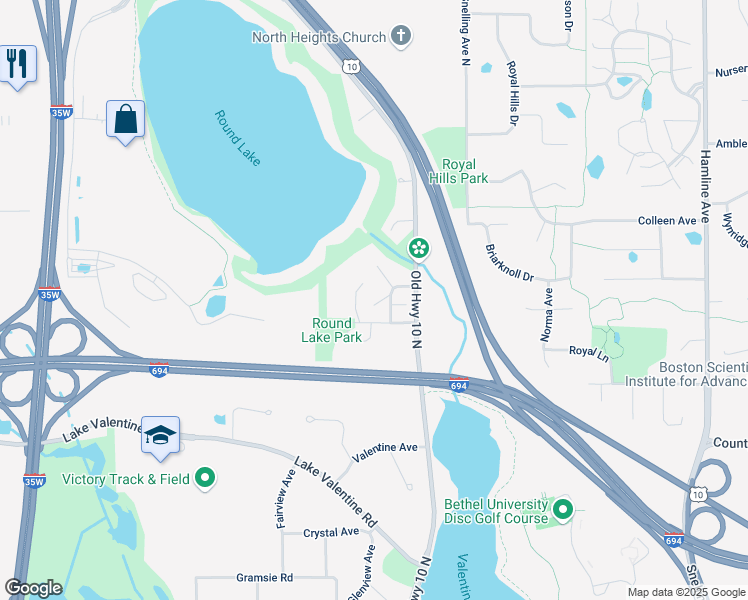 map of restaurants, bars, coffee shops, grocery stores, and more near 1699 Brueberry Lane in Arden Hills