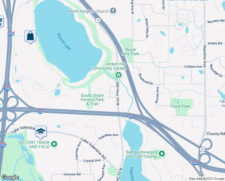 map of restaurants, bars, coffee shops, grocery stores, and more near 1677 Brueberry Lane in Arden Hills