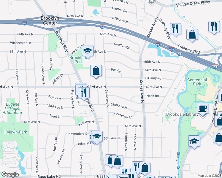 map of restaurants, bars, coffee shops, grocery stores, and more near 3313 63rd Avenue North in Minneapolis