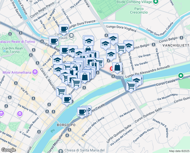 map of restaurants, bars, coffee shops, grocery stores, and more near 1-5 Via Pietro Cavezzale in Turin