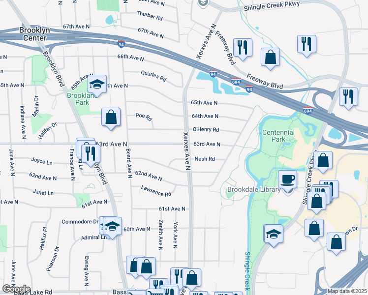 map of restaurants, bars, coffee shops, grocery stores, and more near 3001 63rd Avenue North in Minneapolis