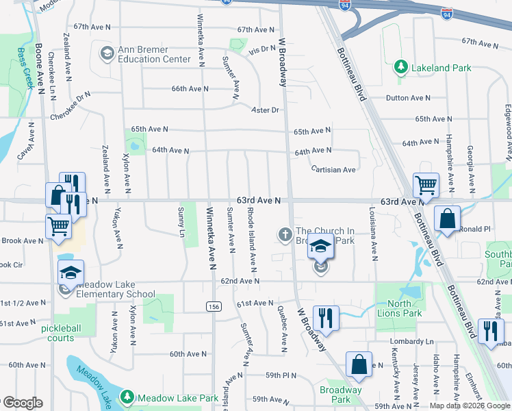 map of restaurants, bars, coffee shops, grocery stores, and more near 6288 Rhode Island Avenue North in Minneapolis