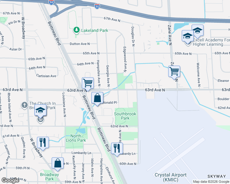 map of restaurants, bars, coffee shops, grocery stores, and more near 6289 Florida Avenue North in Minneapolis