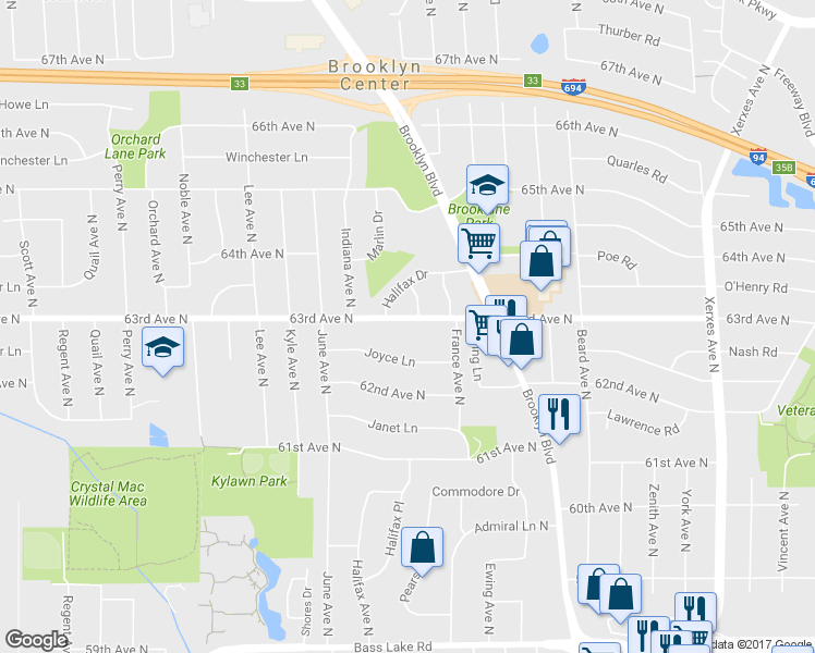 map of restaurants, bars, coffee shops, grocery stores, and more near 4001 63rd Avenue North in Minneapolis