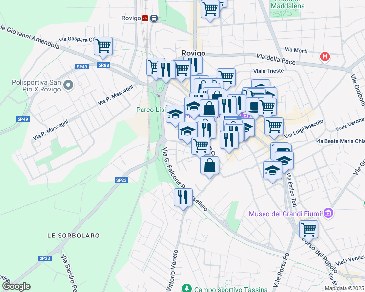 map of restaurants, bars, coffee shops, grocery stores, and more near 33 Via Goffredo Mameli in Rovigo