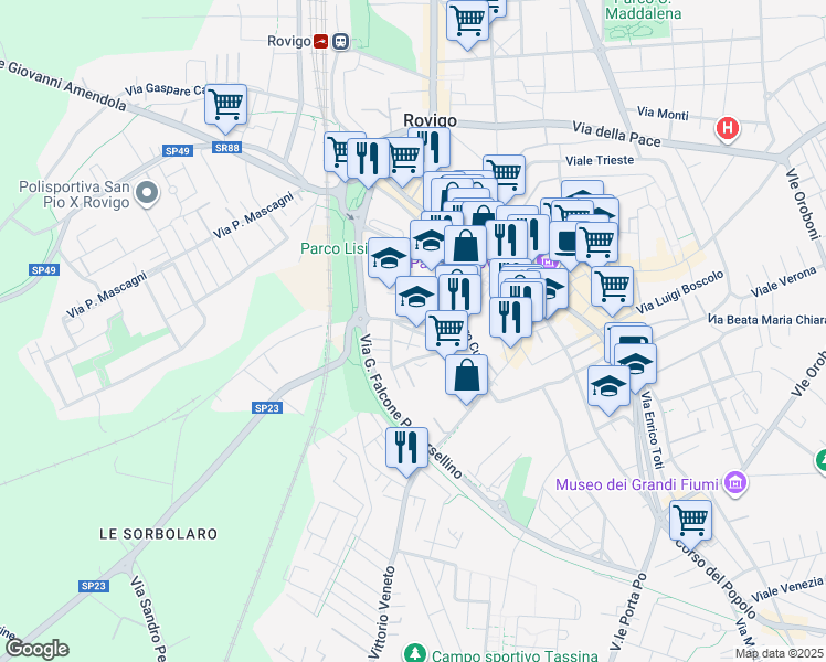 map of restaurants, bars, coffee shops, grocery stores, and more near 33 Via Goffredo Mameli in Rovigo