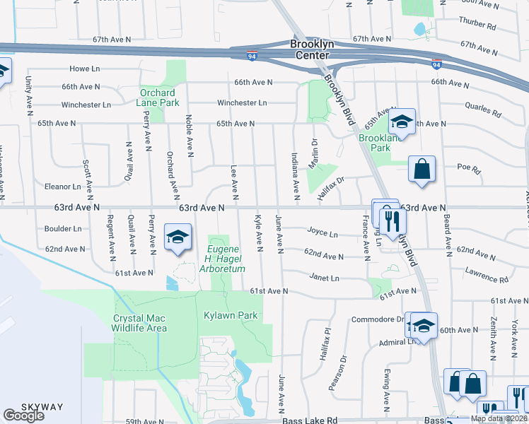 map of restaurants, bars, coffee shops, grocery stores, and more near 4309 63rd Avenue North in Minneapolis