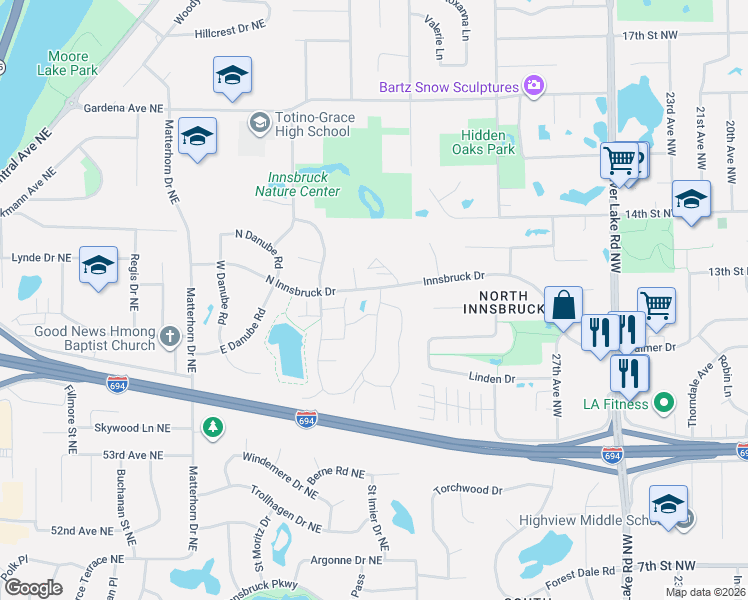 map of restaurants, bars, coffee shops, grocery stores, and more near 5589 East Oberlin Circle in Fridley