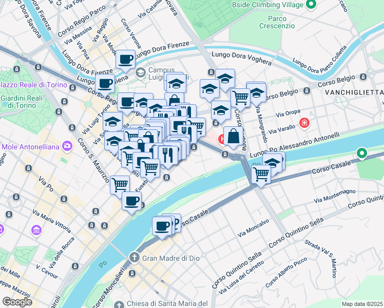map of restaurants, bars, coffee shops, grocery stores, and more near 1 Via Pietro Cavezzale in Torino
