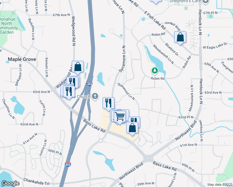 map of restaurants, bars, coffee shops, grocery stores, and more near 6400 Sycamore Lane North in Maple Grove