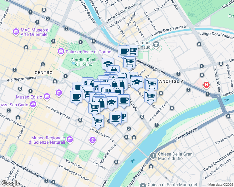 map of restaurants, bars, coffee shops, grocery stores, and more near 2 Via Alessandro Riberi in Torino