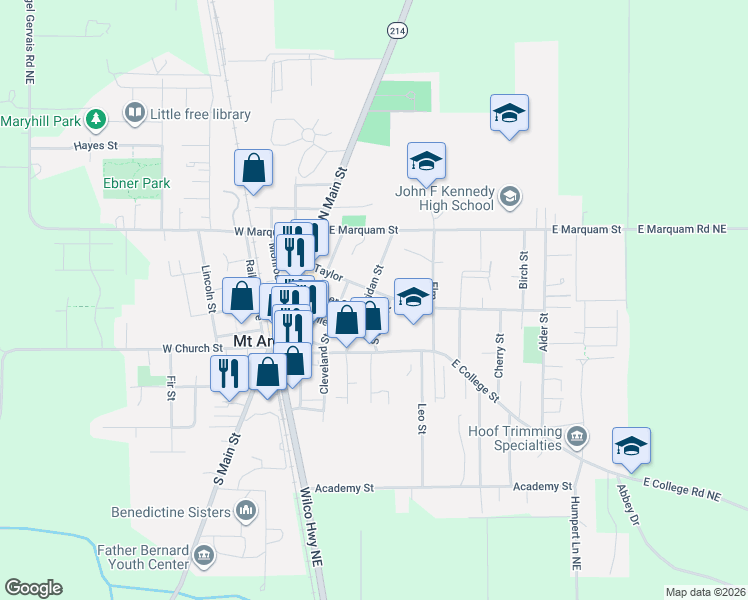 map of restaurants, bars, coffee shops, grocery stores, and more near 395 Sheridan Street in Mount Angel
