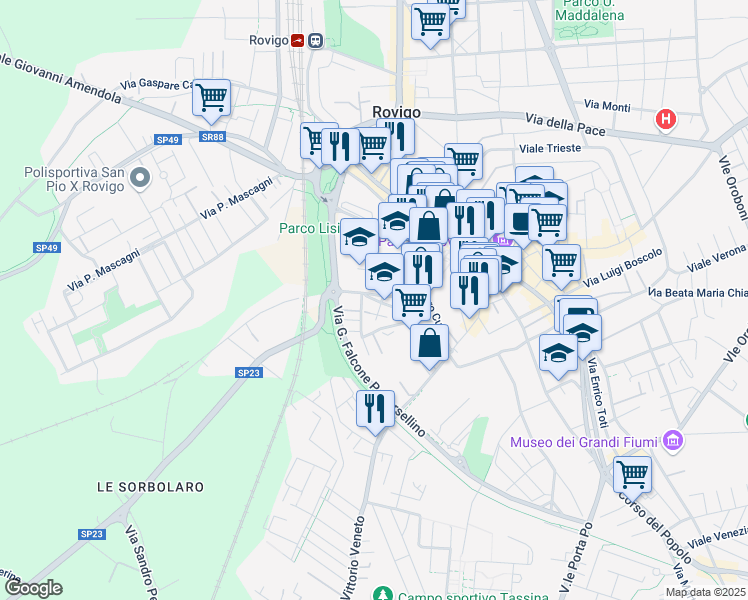 map of restaurants, bars, coffee shops, grocery stores, and more near 33 Via Goffredo Mameli in Rovigo