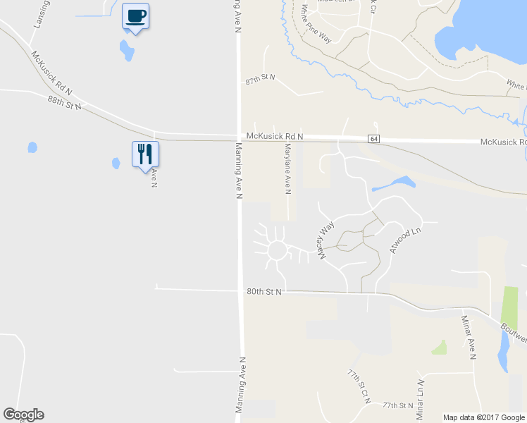 map of restaurants, bars, coffee shops, grocery stores, and more near 8335 Manning Avenue North in Stillwater