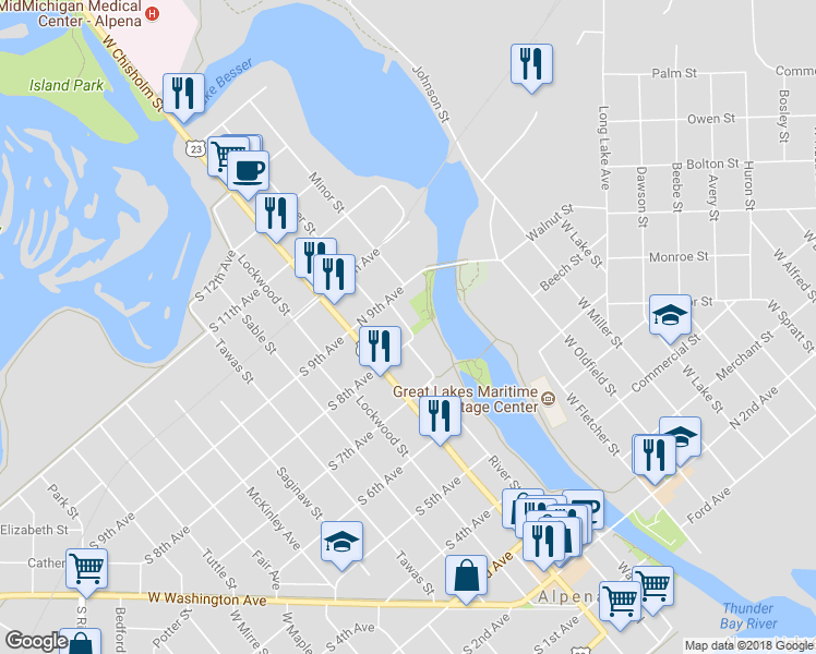 map of restaurants, bars, coffee shops, grocery stores, and more near 721 North 8th Avenue in Alpena