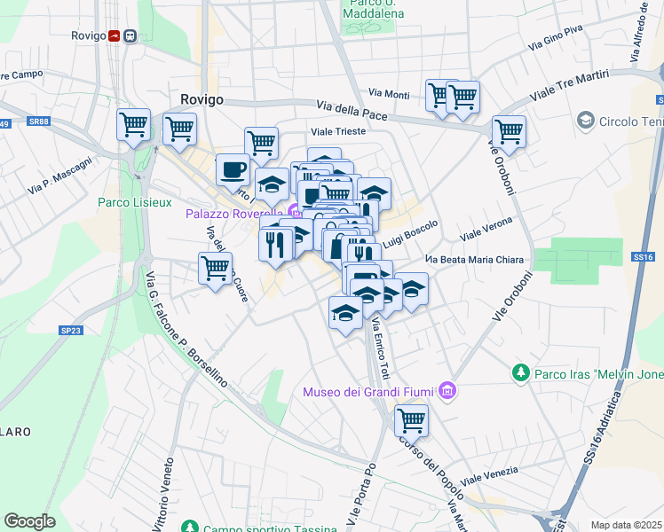 map of restaurants, bars, coffee shops, grocery stores, and more near 3 Vicolo Venezze in Rovigo