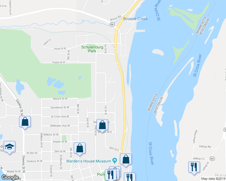 map of restaurants, bars, coffee shops, grocery stores, and more near 1505 1st Street North in Stillwater