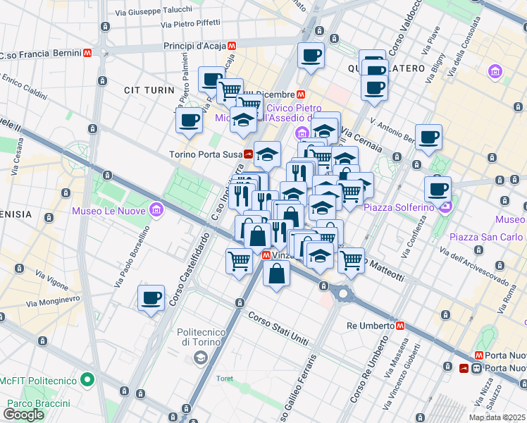 map of restaurants, bars, coffee shops, grocery stores, and more near 53 Corso Giacomo Matteotti in Torino