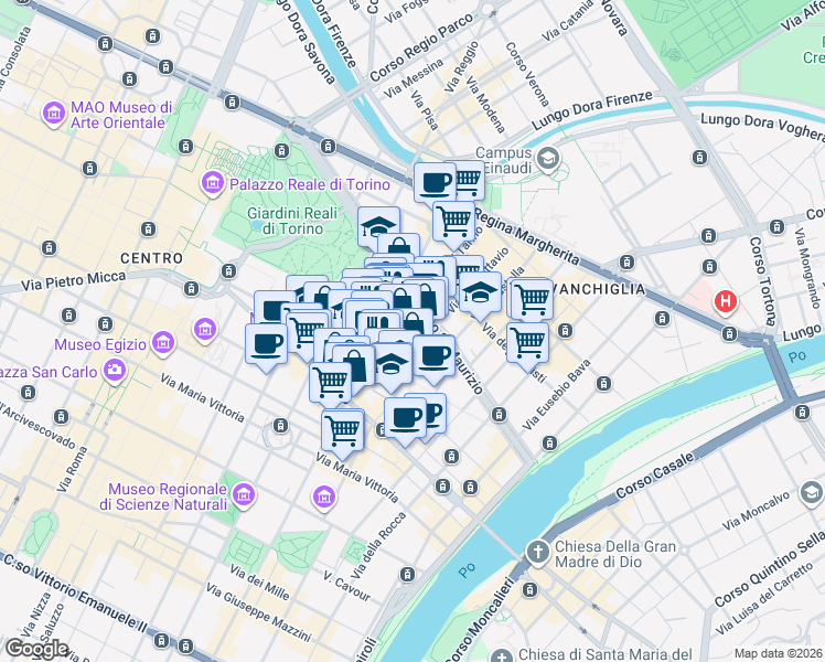 map of restaurants, bars, coffee shops, grocery stores, and more near 2 Via Alessandro Riberi in Torino