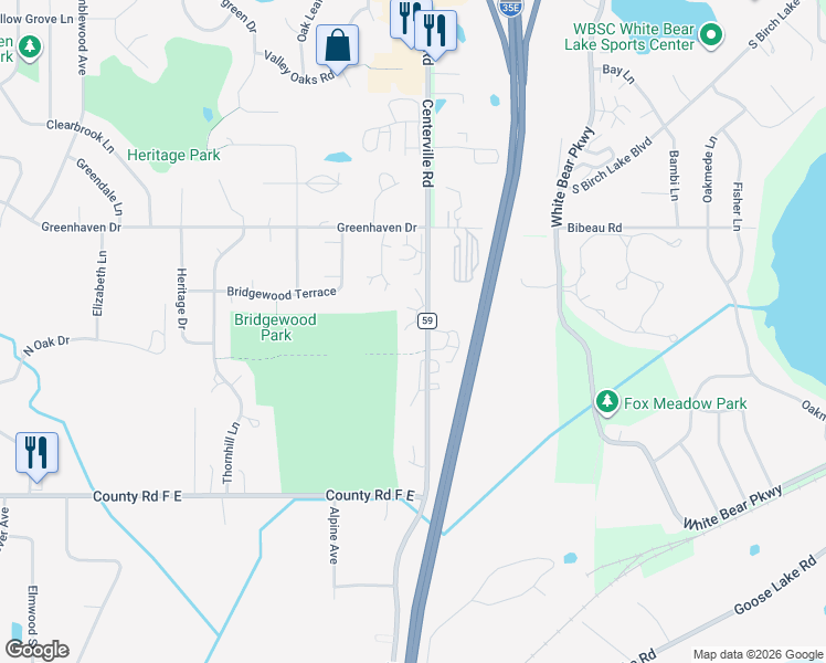 map of restaurants, bars, coffee shops, grocery stores, and more near 4197 Centerville Road in Vadnais Heights