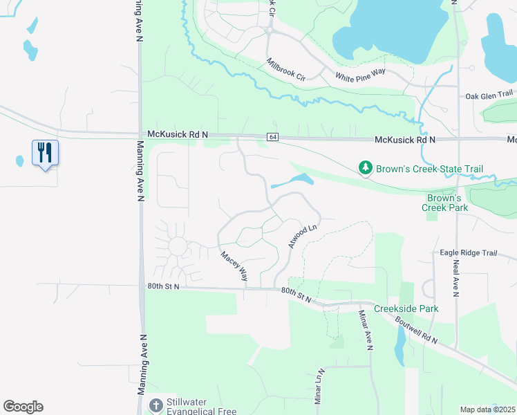 map of restaurants, bars, coffee shops, grocery stores, and more near 1258 Macey Way in Stillwater