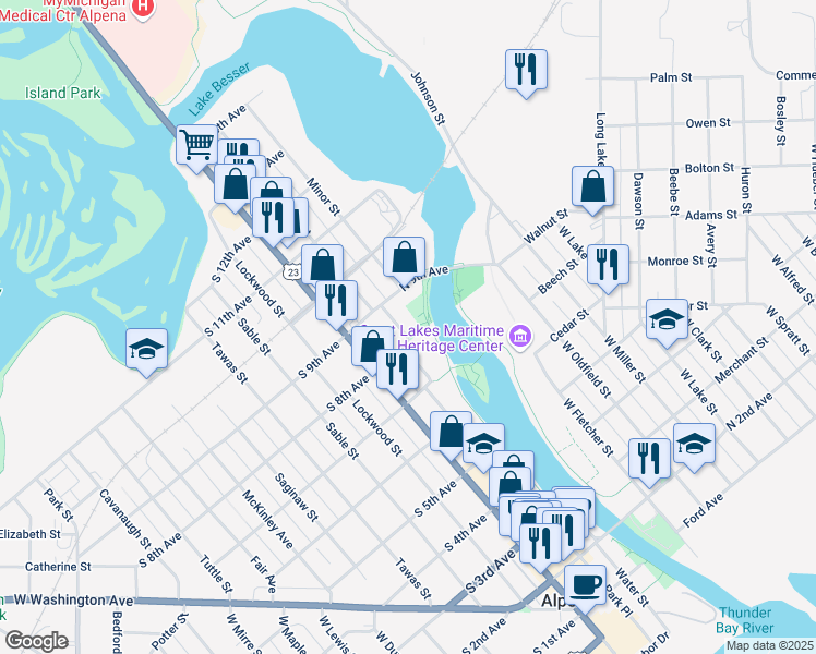 map of restaurants, bars, coffee shops, grocery stores, and more near 701 North 8th Avenue in Alpena