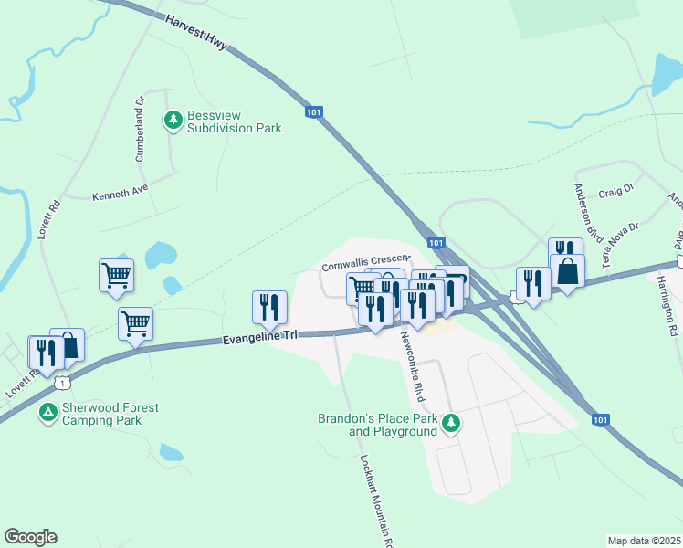 map of restaurants, bars, coffee shops, grocery stores, and more near 3126 Cornwallis Crescent in Coldbrook