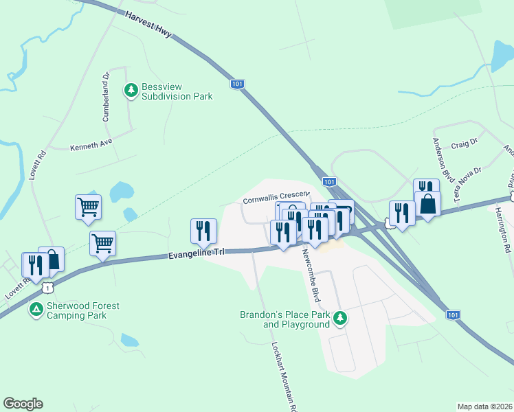 map of restaurants, bars, coffee shops, grocery stores, and more near 3126 Cornwallis Crescent in Coldbrook