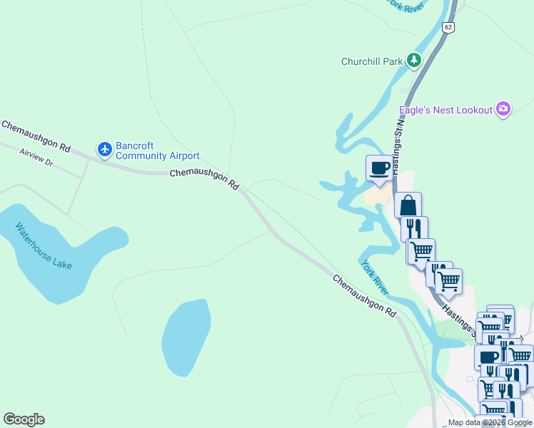 map of restaurants, bars, coffee shops, grocery stores, and more near 348 Chemaushgon Road in Bancroft