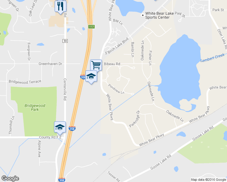 map of restaurants, bars, coffee shops, grocery stores, and more near 1228 Pond View Lane in White Bear Lake