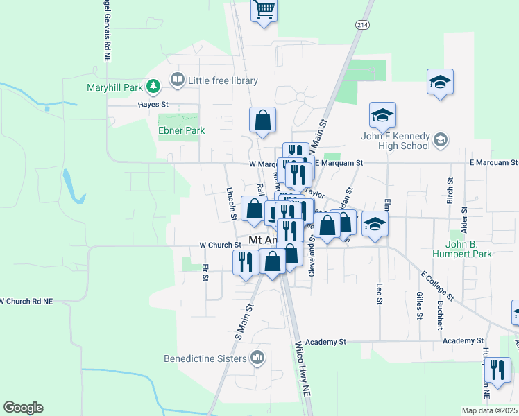 map of restaurants, bars, coffee shops, grocery stores, and more near 310 Railroad Avenue in Mount Angel