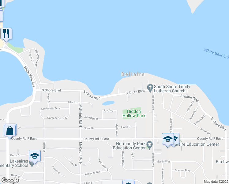 map of restaurants, bars, coffee shops, grocery stores, and more near 2371 South Shore Boulevard in White Bear Lake