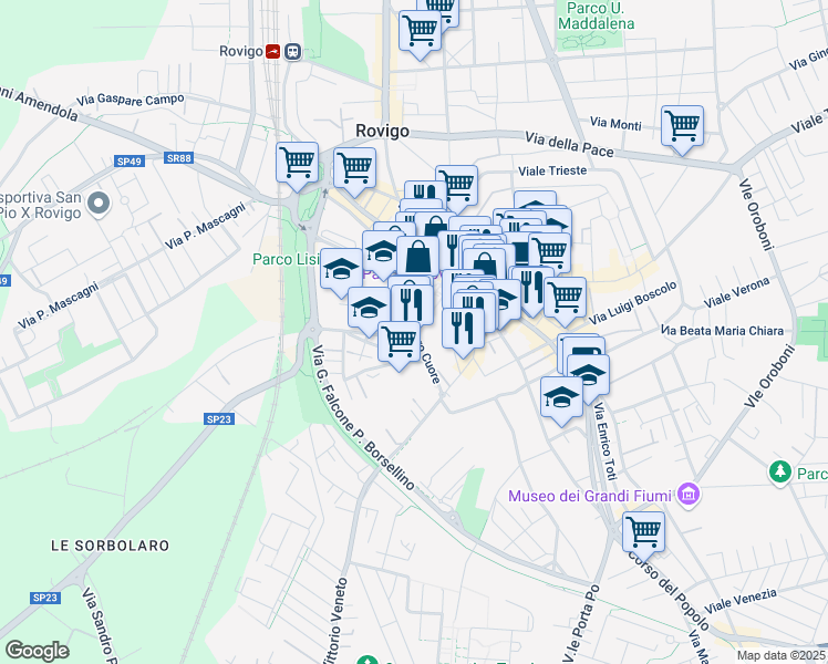 map of restaurants, bars, coffee shops, grocery stores, and more near Via del Sacro Cuore in Rovigo