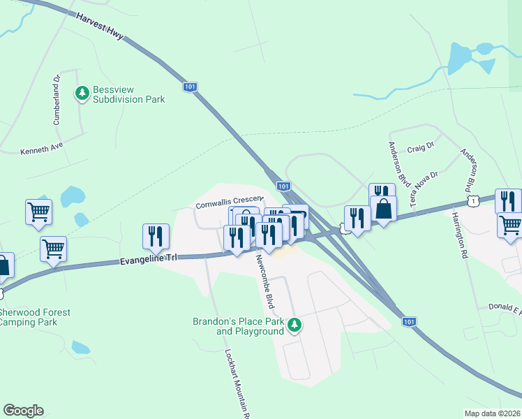 map of restaurants, bars, coffee shops, grocery stores, and more near 3158 Cornwallis Crescent in Coldbrook