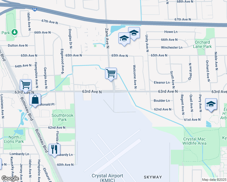 map of restaurants, bars, coffee shops, grocery stores, and more near Zane Avenue North & 63rd Avenue North in Brooklyn Park