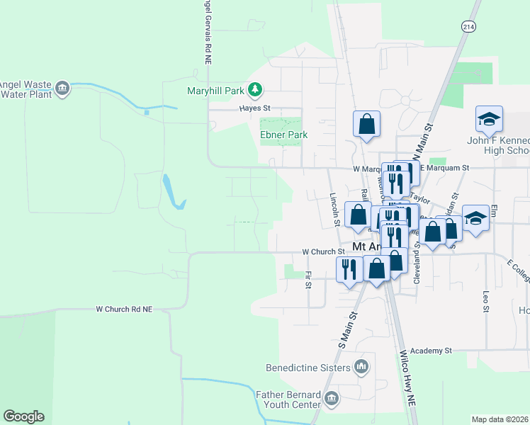 map of restaurants, bars, coffee shops, grocery stores, and more near 315 Cypress Street in Mount Angel