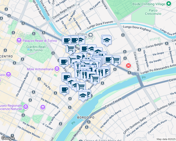 map of restaurants, bars, coffee shops, grocery stores, and more near 54-58 Via Santa Giulia in Torino