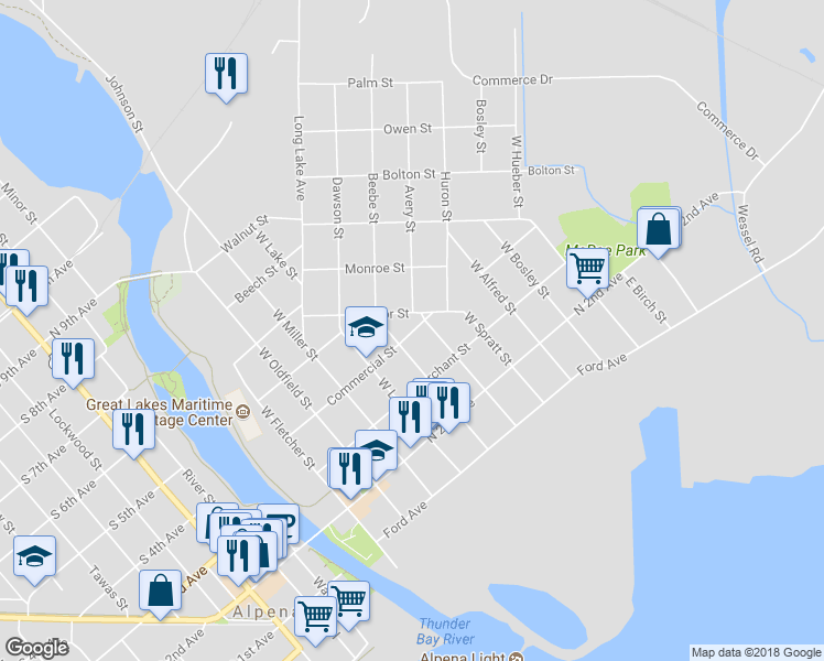 map of restaurants, bars, coffee shops, grocery stores, and more near 800 Commercial Street in Alpena