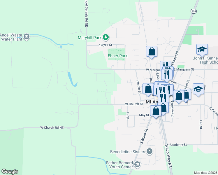 map of restaurants, bars, coffee shops, grocery stores, and more near 315 Cypress Street in Mount Angel