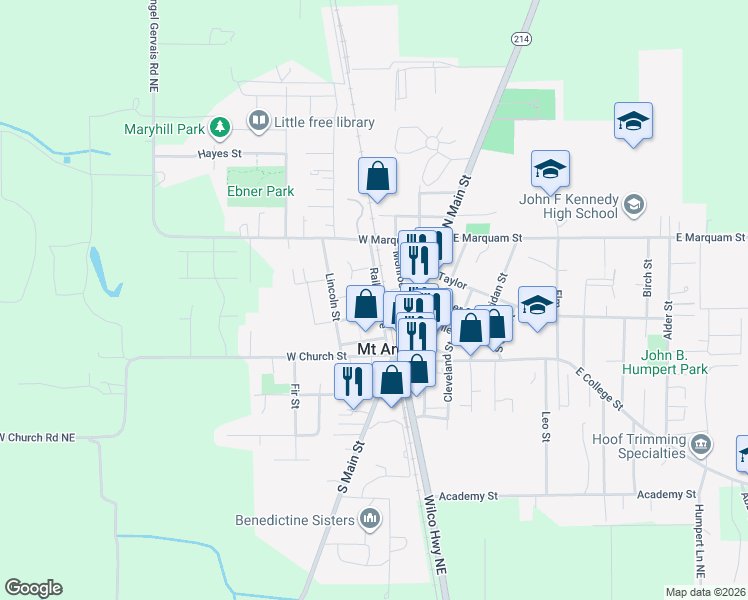 map of restaurants, bars, coffee shops, grocery stores, and more near 310 Railroad Avenue in Mount Angel