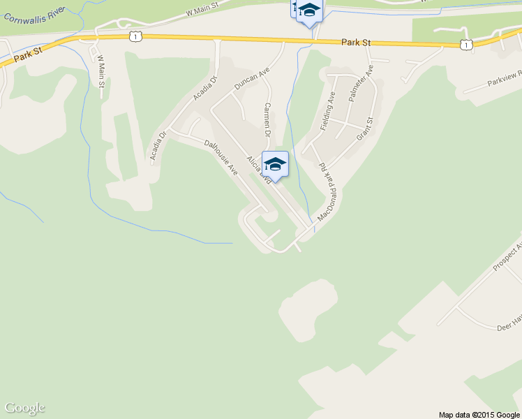 map of restaurants, bars, coffee shops, grocery stores, and more near 95 Macdonald Park Road in Kentville