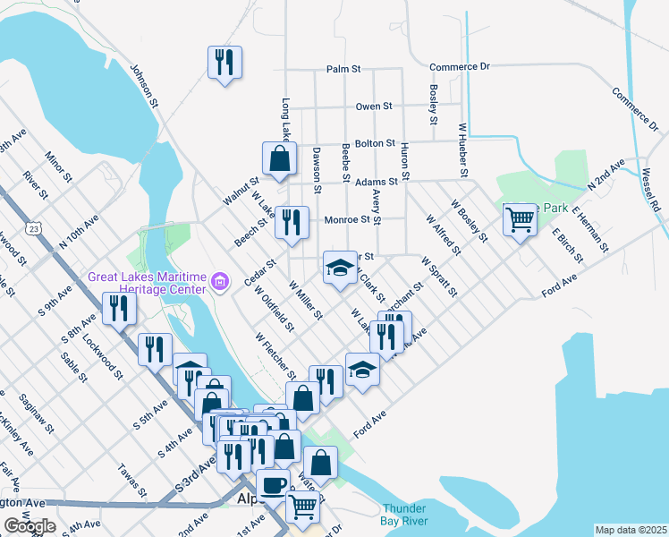 map of restaurants, bars, coffee shops, grocery stores, and more near 309 West Lake Street in Alpena