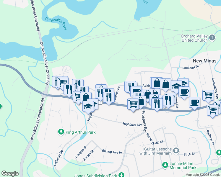 map of restaurants, bars, coffee shops, grocery stores, and more near 45 Redden Avenue in New Minas
