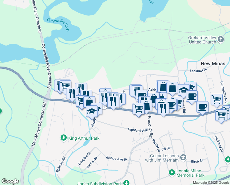 map of restaurants, bars, coffee shops, grocery stores, and more near 45 Redden Avenue in New Minas