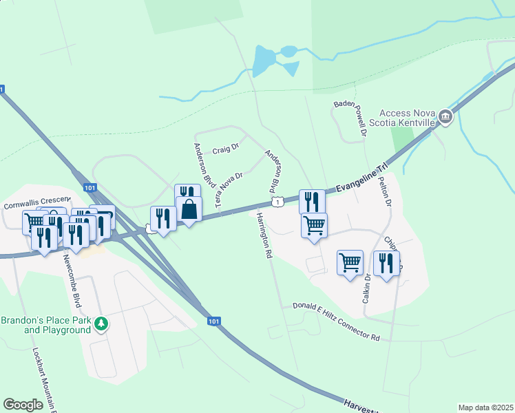 map of restaurants, bars, coffee shops, grocery stores, and more near 1561 Harrington Road in Coldbrook