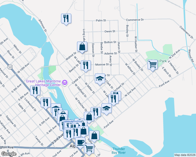 map of restaurants, bars, coffee shops, grocery stores, and more near 701-799 Commercial Street in Alpena