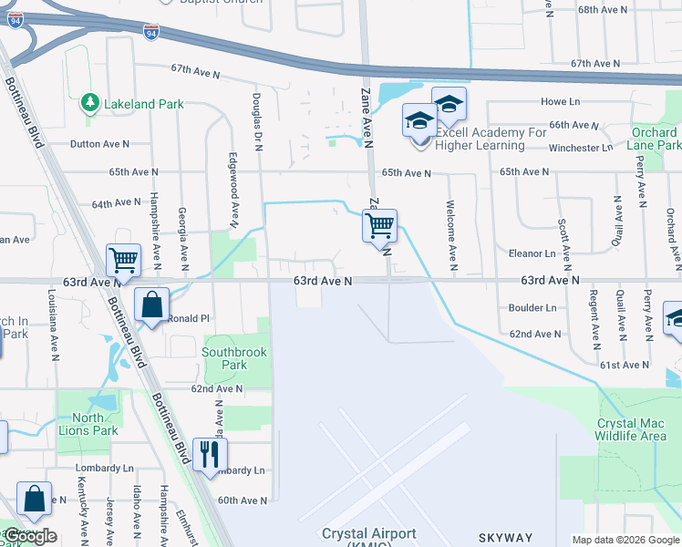 map of restaurants, bars, coffee shops, grocery stores, and more near 6000 63rd Avenue North in Brooklyn Park